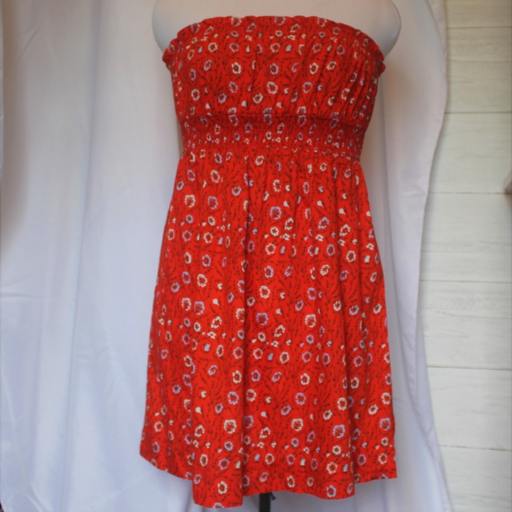 Free People Red Floral Cotton Strapless Dress